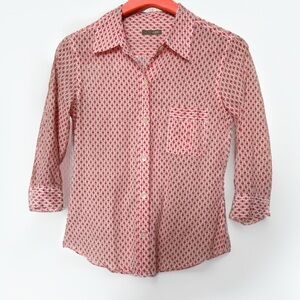 J.Crew Button Front Shirt Womens S Red White Floral 3/4 Sleeve Cotton Spring